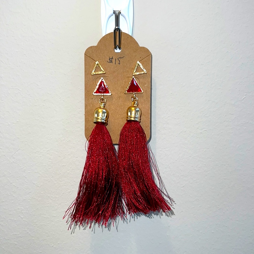Triangle Studs & Ruby Red Triangle Yarn Dangle Earring Set